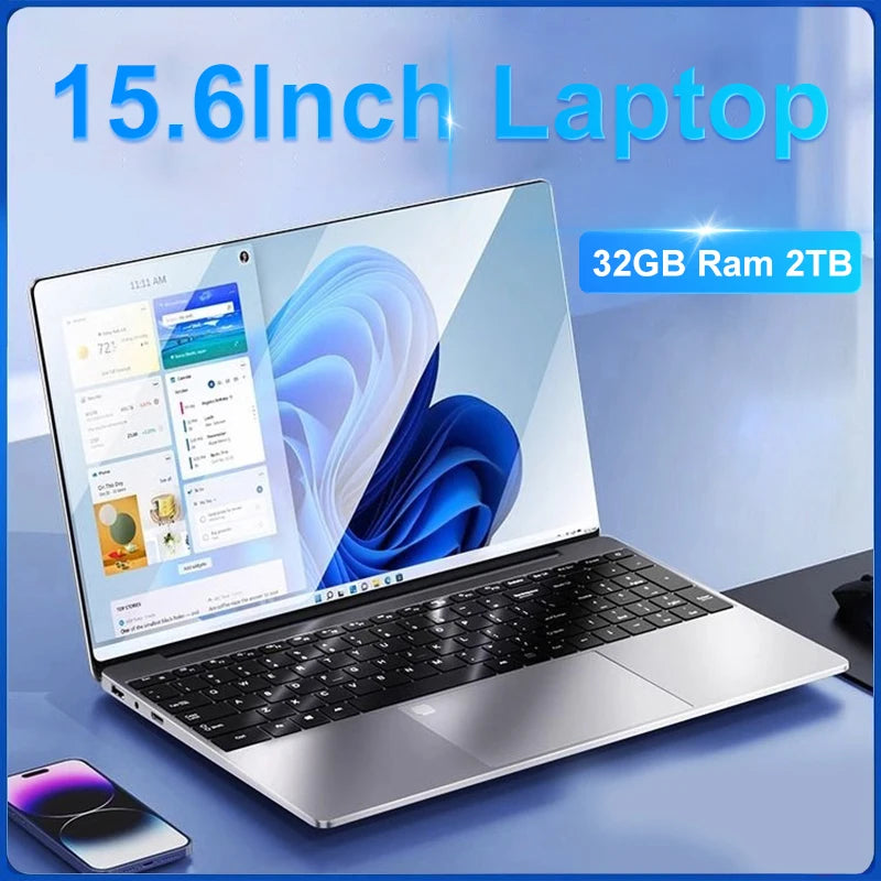 15.6 Inch Laptop 32GB Ram 2TB SSD Windows 11 Notebook Pc Gamer N5095 Office Computer with Backlit Fingerprint Wifi Camera