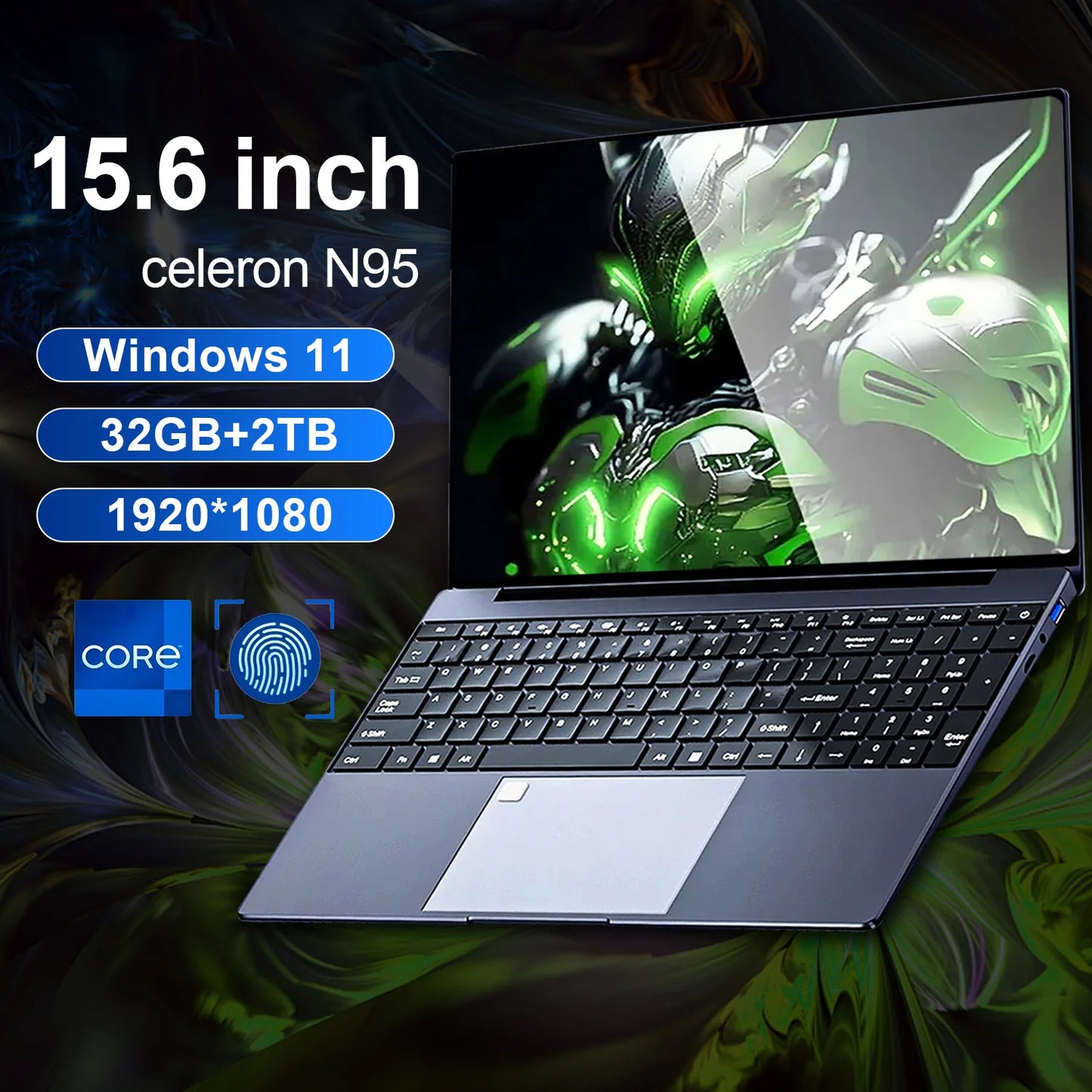 15.6 Inch Laptop 32GB Ram 2TB SSD Windows 11 Notebook Pc Gamer Intel N5095 Office Computer with Backlit Fingerprint Wifi Camera