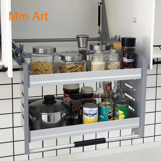 Wall Cupboard Storage Lifting Basket Kitchen Cabinet Stainless Steel Seasoning Basket Lift