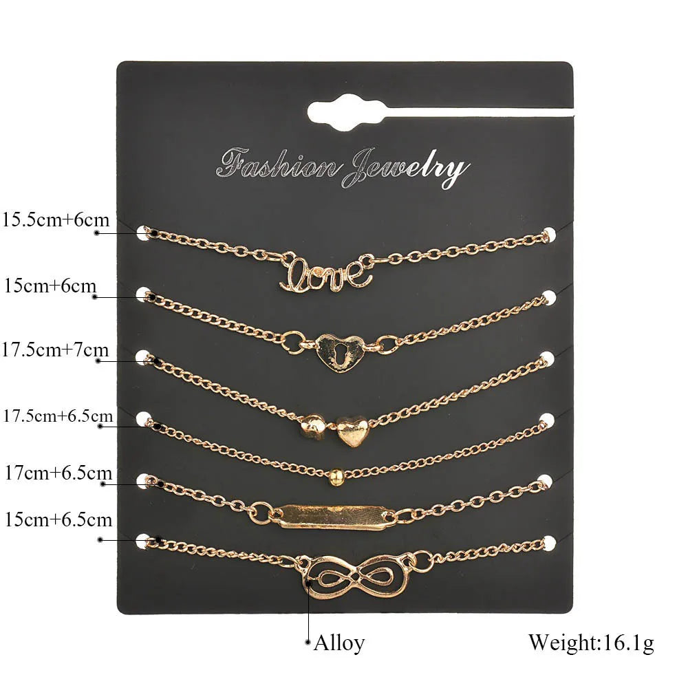 6pcs Trend Infinity 8 Bowknot Heart Key Charm Chain Bracelets & Bangles Minimalist Women Tiny Set Party Jewelry