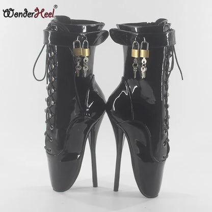 Wonderheel on sale ballet ankle boots 7" Spike High Heel black shiny Ballet shoes locked padlocks sexy Fetish Lacing Calf Boots