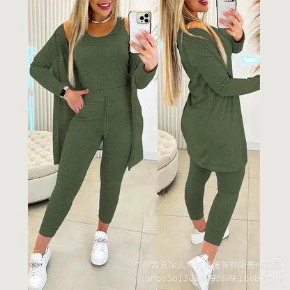 3-Piece Set Outfits Casual Tank Tops Y2K Vest Tops Women Cardigan Outwear Elastic Waist Pants Suit Skinny Pencil Pants