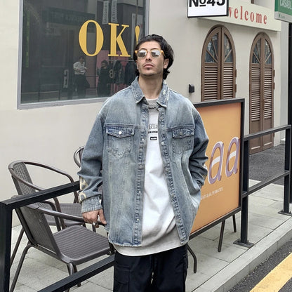 Street shooting personality American retro printing denim jacket men tide ins casual baseball uniform tide brand men's clothing