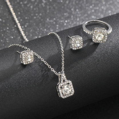 Luxury Square Zircon Crystal Earring Necklace Ring 3 Piece Set for Women Silver Color Princess Bride Wedding Banquet Jewelry Set