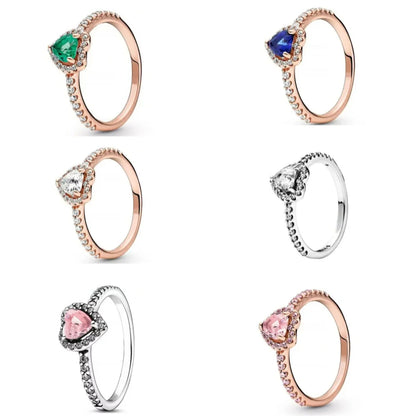 925 Silver Elevated Red Pink White Blue Green Heart Rose Gold Ring Rings Fro Women Zircon Design Original Sparking Zircon Rings