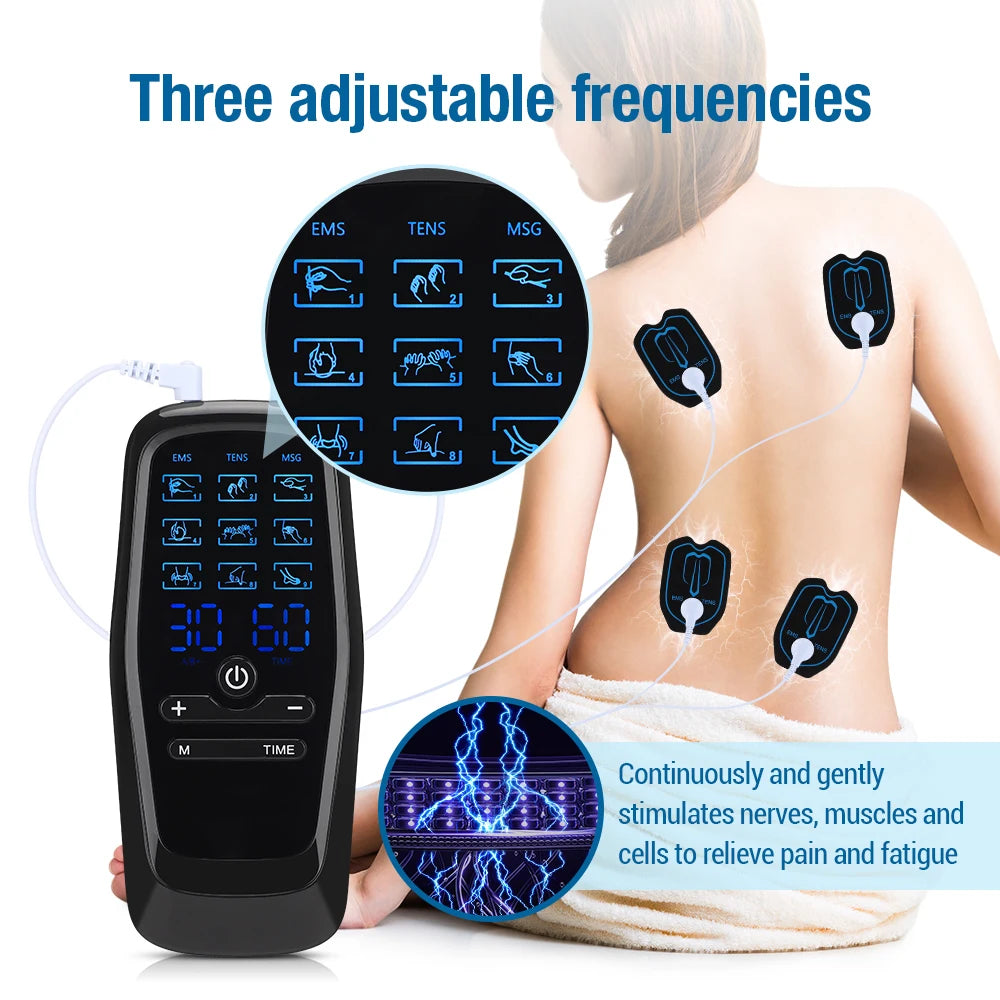 Tens Muscle Electrostimulator Massager Machine Dual Low Frequency Patch Relaxation Treatment 9 Mode Body Massager