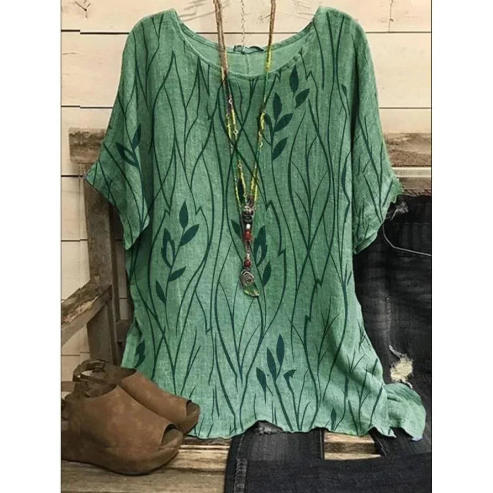 Plus Size 1XL-8XL Women Casual Loose Leaves Print Blouse T-shirt Ladies Fashion Vintage Blouse Unique Half Sleeves Top Shirts