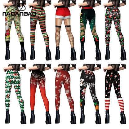 Nadanbao Womens Leggings Workout Running Gym Pants Stretchy Casual Christmas Digital Print Tights Mid Waist Pants Slim Leggings