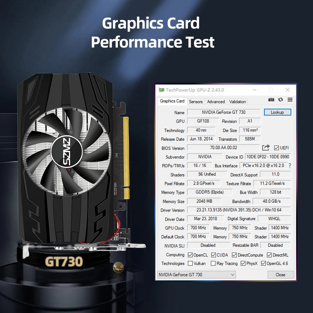 GT730 2GB DDR5 GPU Graphics Card VGA HDMI-Compatible Computer Graphics Card PCI-E 2.0 16X PC Video Card 1600MHz GPU GF108