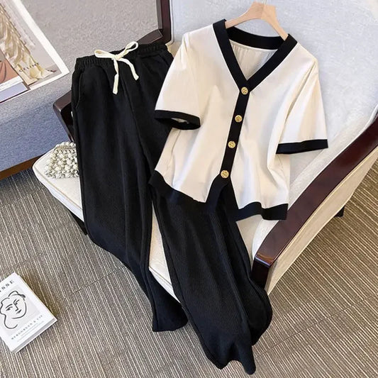 Plus Size Women's Summer Outfit One-piece Set Fashionable Age-reducing Slimming Body Shaping Casual Bell Bottoms Two-piece Suit