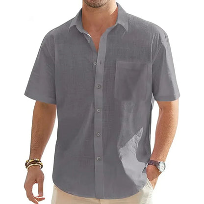 Men's Solid Color Cotton Linen Short Sleeve Shirts Vacation Beach Summer Tops with Pocket Casual Lightweight Button Shirts