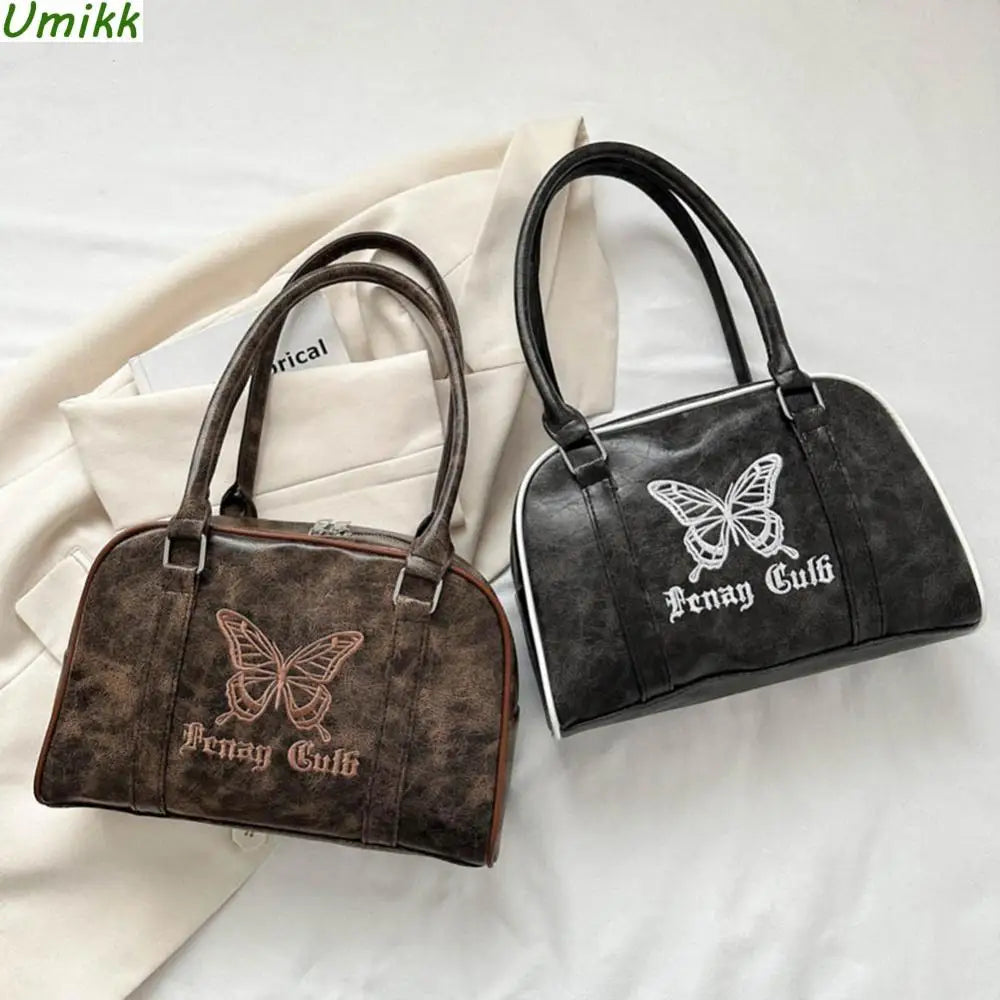 Women Leather Handbag Waterproof Zipper Shoulder Bag Embroidered Butterfly Top Handle Bag Satchel Hobo Bag Girl Stylish Purse