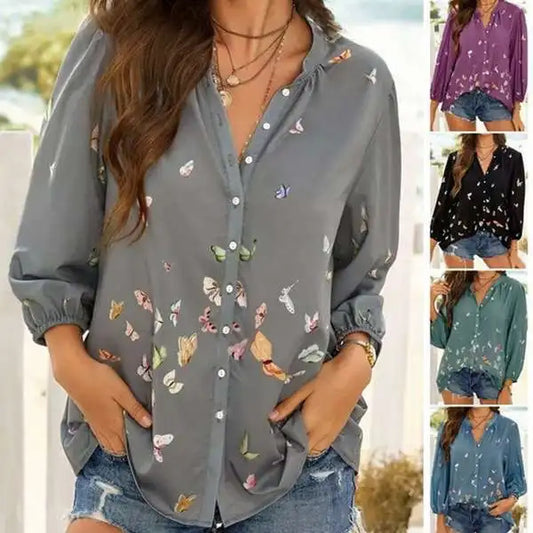 Popular high-quality women's spring plus size tops fashion long-sleeved lapel blouse butterfly print shirt plus size clothing