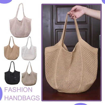 Women Knitted Tote Handbag Solid Color Knitting Shopping Handbag Large Capacity Crochet Grocery Bag Ladies Daily Handbag