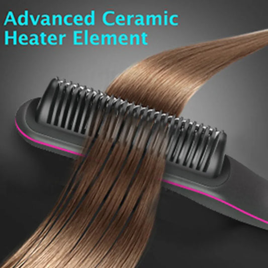 Ceramic Ionic Hair Straightener Brush for Home Salon, Anti-Scald Heating Comb with Universal Dual Voltage, Rotatable Power Cord