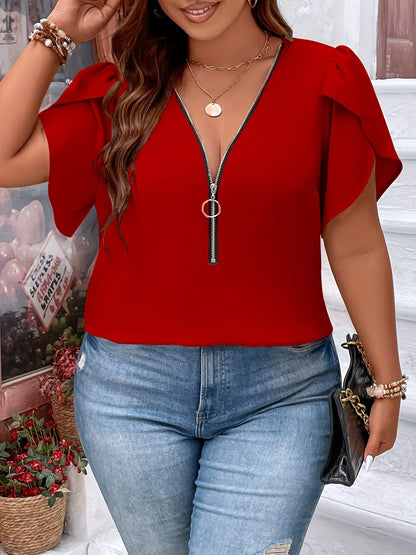 Plus Size Summer Women Elegant Zipper Chiffon Blouses Shirt Casual Office Lady Sollid Tops V Neck Female Clothing