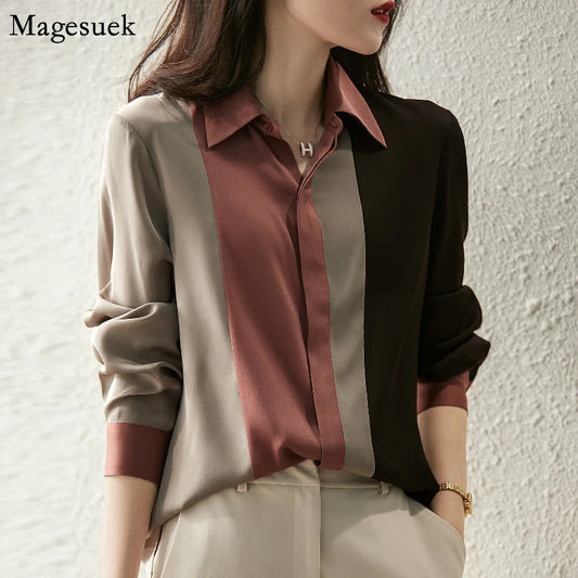 Women Satin Button Blouse Autumn New Vintage Long Sleeve Polo Collar Women Shirt Elegant Oversized Loose Tops Clothing 18146