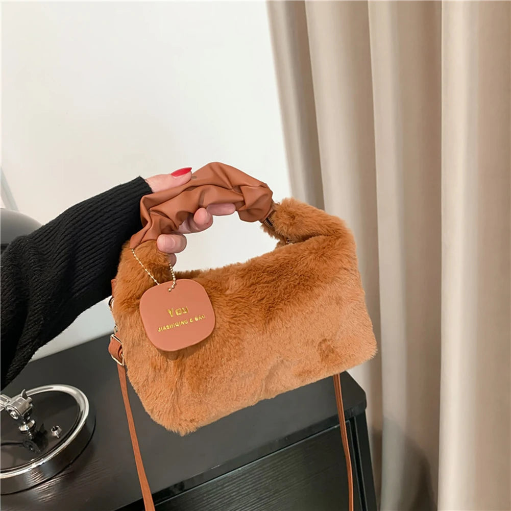 Plush Shoulder Bag PU Strap Cloud Fold Female Tote Bag Autumn Winter Fashion Casual Solid Color Adjustable With Small Pendant