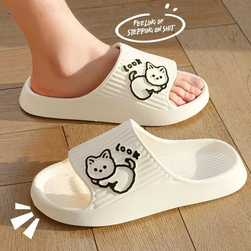 2024 Summer Women Slippers Bath Thick Platform Non-Slip Home Cat Cartoon Flip Flops Beach Sandals Ladies Slides Indoor Outdoor