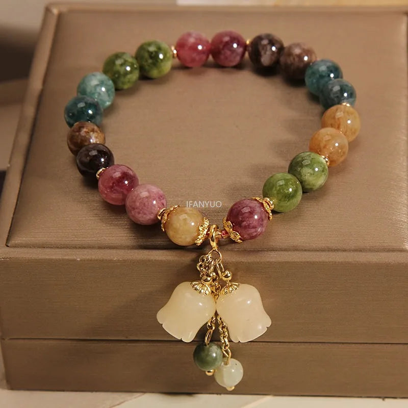 Fashion Natural Color Tourmaline Crystal Bracelets Women's Light Luxury Orchid Pendant Beaded Bracelet Birthday Party Jewelry