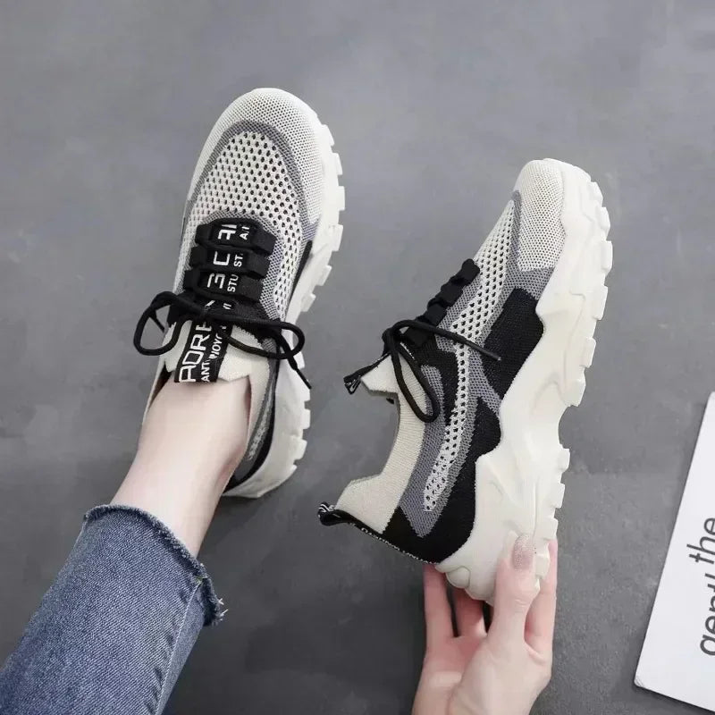 2024 New Fly Woven Mesh Casual Breathable Sneakers Korean Style Thick-Soled Daddy Shoes Odor Resistant Shoes Light Running Shoes