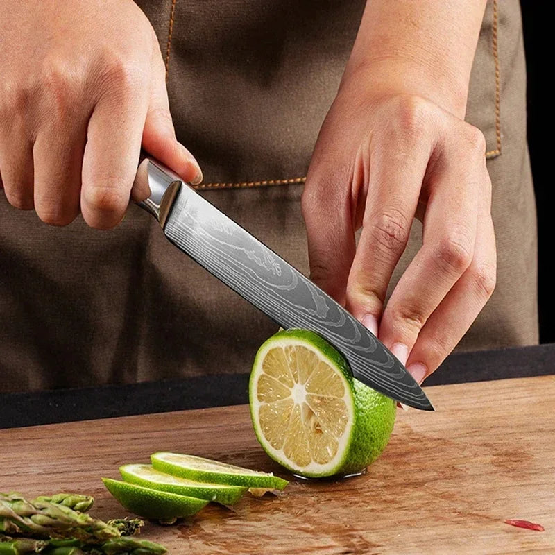 3PCS Kitchen Knife Set Laser Damascus Santoku Knife Utility Knife Professional Chef Knife Meat Cleaver Kitchen Accessories