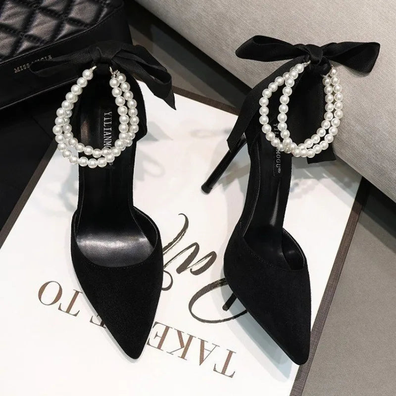 Black Women's Pumps 2024 Summer New Brand Design String Bead Pearls Wedding Bridal High Heels Sexy Pointed Toe Party Dance Shoes