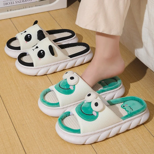 Cute Cartoon Cow Unisex Linen Slippers Spring Summer Slides Mule Men And Women Home Shoes Non-slip Flip Flops For Four Seasons