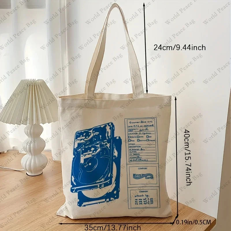 1pc "Wave To Earth Summer Flows" Pattern Retro Record Graphics Canvas Tote Bag, Reusable Shopper Bag For Men And Women