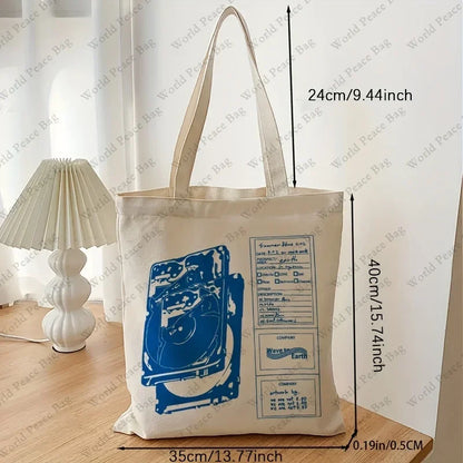 1pc "Wave To Earth Summer Flows" Pattern Retro Record Graphics Canvas Tote Bag, Reusable Shopper Bag For Men And Women