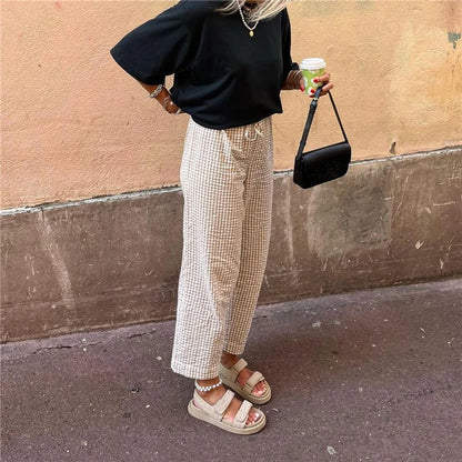 New Summer Plaid Print Long Pant Women Elastic Waist Drawstring Wide Leg Pants Fashion Casual Famale Straight Trousers