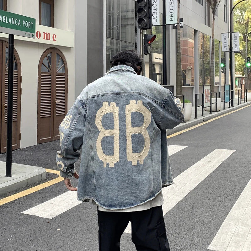 Street shooting personality American retro printing denim jacket men tide ins casual baseball uniform tide brand men's clothing