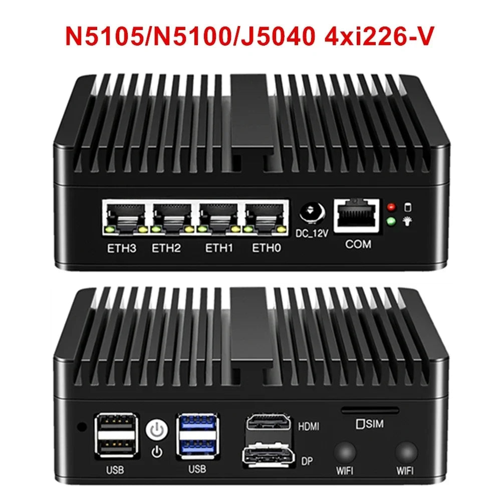 4x i226-V 2.5G LAN 12th Gen Intel N100 Firewall Router N5105 N6000 J4125 NVMe Fanless Mini PC Barebone Computer Proxmox pfSense