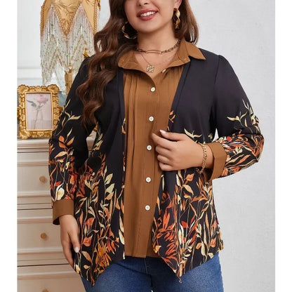 Plus Size 1XL-5XL Women's Casual Colorblock Leaf Print Button Up Shirt Ladies Fashion Long Sleeve Turn Down Collar Blouse