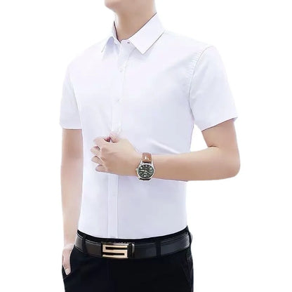 Men Solid Color Business Shirt Fashion Classic Basic Casual Slim White Short Sleeve Shirt Clothes