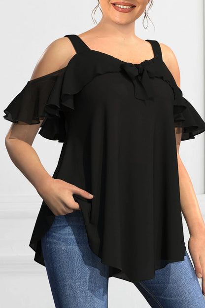 Plus Size Blouse for Women Elegant Cold Shoulder Shirt Ruffles Tops Tee Loose Fit Solid Color Top Blusas Para Mujer 0XL-5XL