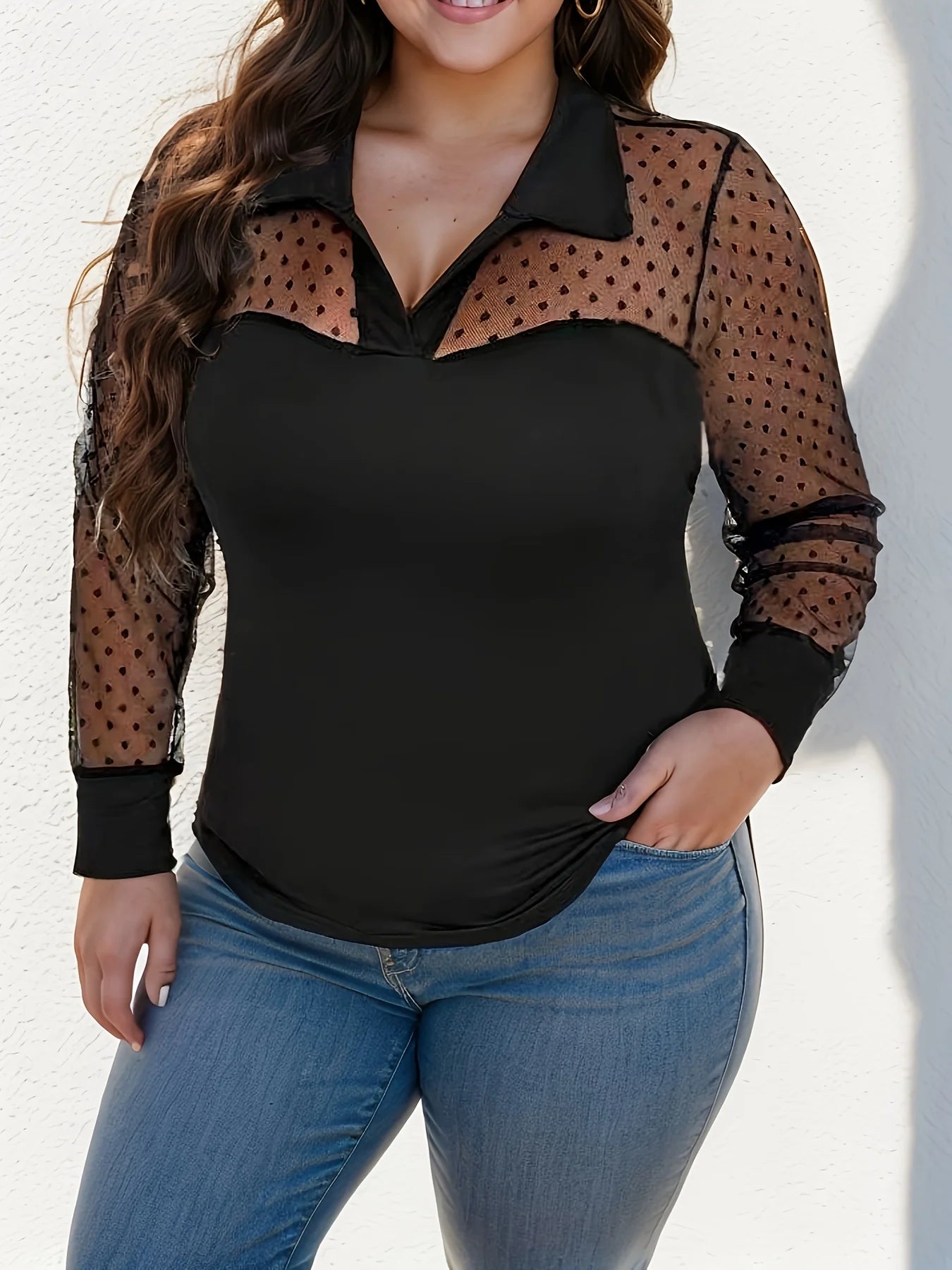 Plus Size Swiss Dot Mesh Stitching Blouse, Elegant Collared Long Sleeve Top For Spring & Fall, Women's Plus Size Clothing