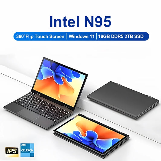 Office Laptop 2 in 1 Touch Screen 10.95 Inch 360° Flip Intel N95 Windows 11 Pro 16GB DDR5 2TB SSD Metal Mini Gaming Notebook PC