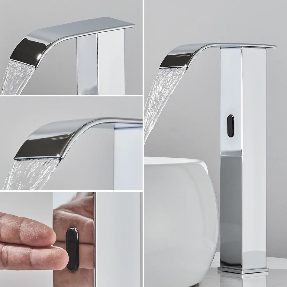 Luxury Bath Smart Sensor Basin Waterfall Faucet Hot Cold Water Mixer Tap Automatic Touchless Short High Crane For Bathroom Basin