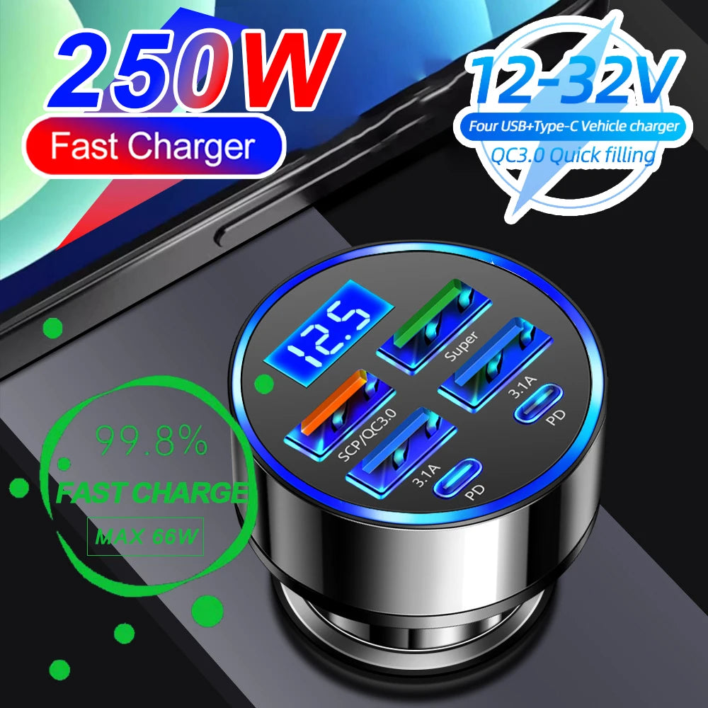 Car Fast Charge One to Six Car Cigarette Lighter Plug with Digital Display