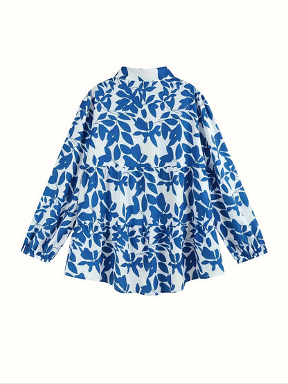 Plus Size Floral Print Blouse, Casual Button Front Long Sleeve Blouse For Spring, Women's Plus Size Clothing