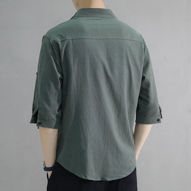 2024 New Korean Summer Men Fashion Trendy Cotton Linen Five-Point Sleeve Shirt Casual Loose Solid Color Thin Breathable Top 3Xl