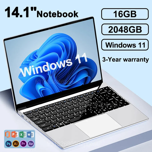 14.1" Ultra Slim Laptop 16GB RAM 2TB SSD Intel N3700 Notebook Gamer  1920*1080  Display Office Study Computer PC Windows 11 Pro