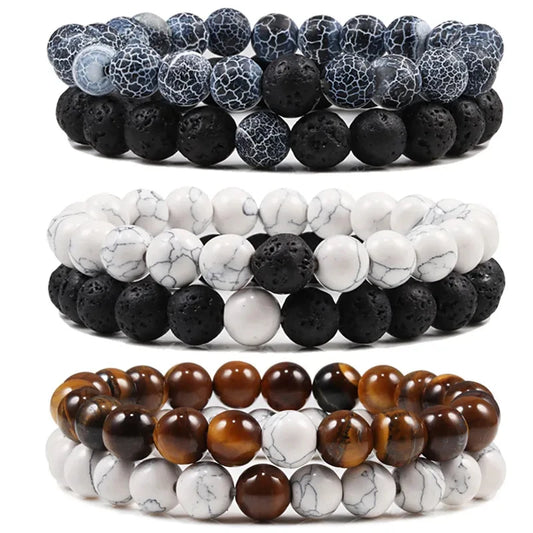 Natural Stone Beaded Bracelets Set For Couples Men Women Distance Black White Natural Lava Stone Tiger Eye Yoga Bead Bracelet