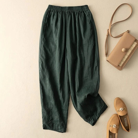 Casual Elastic Waist Harem Pants Summer Retro Solid Color Cotton Women's Pants Loose Versatile Cotton Linen Ankle-Length Pants