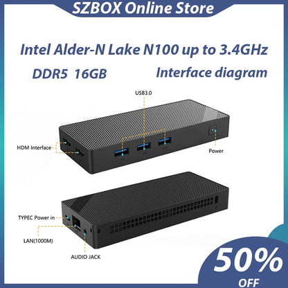 SZBOX mini pc n100 INTEL Alder Lake N100 Windows 11 DDR5 16GB M.2 NVME SSD WIFI BT 1000M Up to 3.4Ghz diy gaming computer