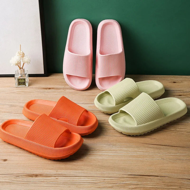 Women Bathroom Slippers Cloud Cushion Slides Summer Flat Sandals Thick Platform Shoes Man Indoor Non-Slip Flip Flops Couple Shoe