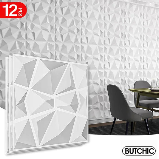 12pcs 30x30cm Super 3D Art Wall Panel PVC Waterproof 3D Wall Sticker Decor Tiles Diamond Design DIY Home Decor 11.81'' X 11.81''