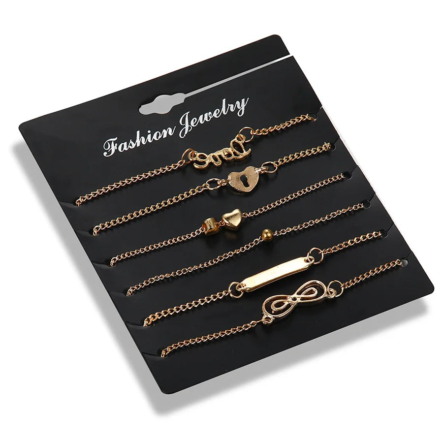 6pcs Trend Infinity 8 Bowknot Heart Key Charm Chain Bracelets & Bangles Minimalist Women Tiny Set Party Jewelry