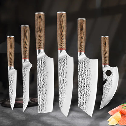 Kitchen Chef Knives Hand Forged Hammer Fruit Vegetable Meat Butcher Cleaver Professional Sharp Slicing Boning Knife with Holder